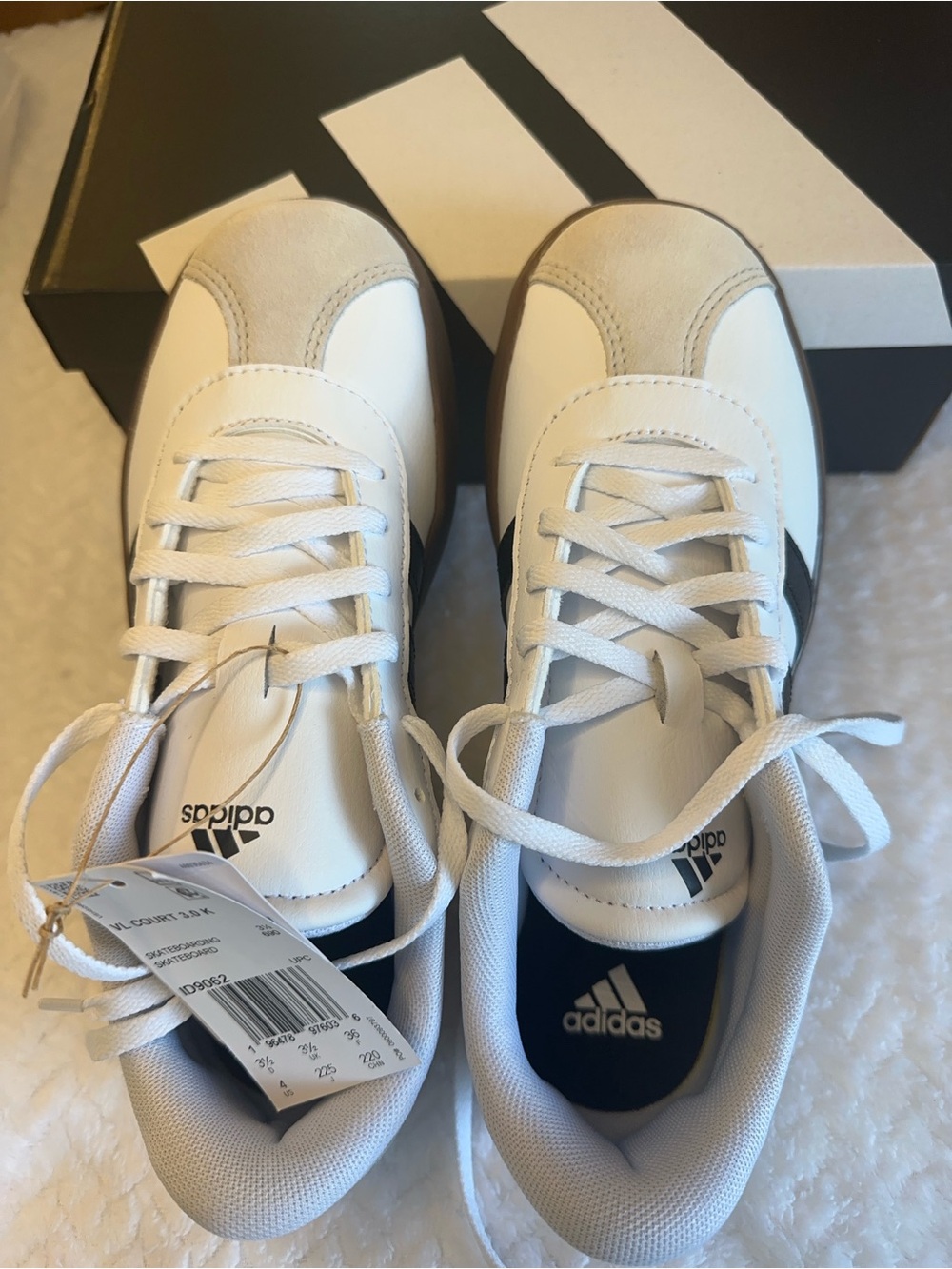 adidas Women’s White Sneakers with Black Stripes and Tan Toe